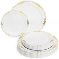 Perfect Settings 50 Piece Antique Design China - Wedding Plastic Plates (25 x 10 Inch Dinner / 25 x 7.5 Inch Salad) Disposable Dinnerware Set Heavy Duty Combo Party Plates | Raised Gold Embossed