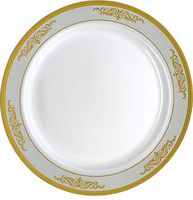 [20 Count - 10 Inch Plates] Laura Stein Designer Tableware Premium Heavyweight Plastic White Dinner Plates Gold Rim And Brushed Accents, Party & Wedding Plate, Traditional Series, Disposable Dishes