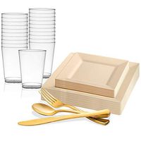 Disposable Plastic Dinnerware Set for 60 Guests - Includes Fancy Square Ivory Dinner Plates, Dessert/Salad Plates, Gold Silverware Set/Cutlery & Cups For Wedding, Birthday Party & Other Occasions