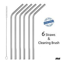 Reusable Metal Drinking Straws, For Cold and Hot Beverage, 8.5in(21.5cm) Stainless Steel Straws, 0.25in(6mm) Diameter Wide, 6 Straws+1 cleaning Brush (Silver, Bent)