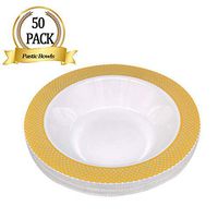 Focus Line Disposable Plastic Soup Bowls，Premium Heavy Duty White Gold Trim Disposable Dinnerware Safe & Reusable and Great for Parties or Weddings（50Pack/14 OZ ）