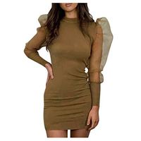 HIRIRI Women's Elegant Long Sleeve Stretchy Pencil Dress Lace Mesh See Through Party Mini Short Dresses Coffee