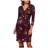 Haxikocty Women Autumn Maternity Dress Long Sleeve Print Floral V-Neck Pregnant Nusring A-line Dress Wine