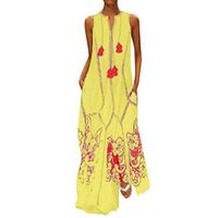 Women Vintage Printed Floral Long Maxi Dress Sleeveless Cotton-Blend Dress with Pockets