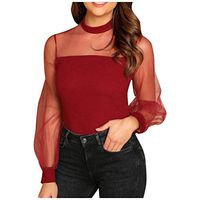 Meikosks Women's Sexy Tunic Mesh Gauze See-Through Patchwork Blouses Long Sleeve Crewneck T Shirt Red