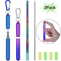 Reusable Straws Stainless Steel, Collapsible Metal Straws Drinking Straw Portable Telescopic Straw with Portable Travel Case, Carabiner, Cleaning Brushes, 2 Pack (RoyalBlue & Purpleblue)