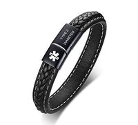 VNOX Medical Alert ID Type 2 Diabetes Black Handmade Braided Genuine Leather Magnetic Cuff Bangle Bracelet