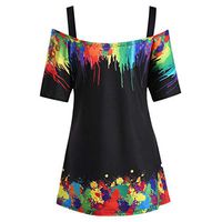 Meikosks Womens Cold Shoulder Blouse Plus Size Tie Dye Multicolor Top Sling Casual T-Shirt Black