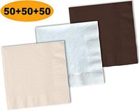 150 Beverage Napkins, Ivory, Bright White, Brown - 50 Each Color. 2 Ply Paper Cocktail Napkins. 5" folded, 10" unfolded.