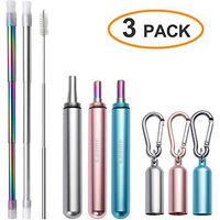 3 Pack Metal Straws Reusable Stainless Steel Straws Collapsible Drinking Straws with Travel Case Cleaning Brush Silicone Tips Rose Gold/Silver/Turquoise