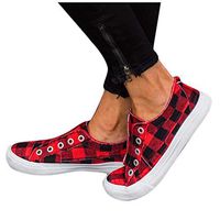 Cenglings Plus Size Women Round Toe Canvas Shoes Hollow Out Plaid Print Casual Breathable Shoes Platform Sneaker Loafers(Red,43)