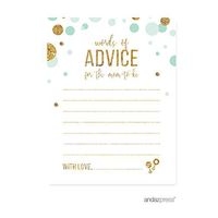 Andaz Press Mint Green Gold Glitter Boy Baby Shower Party Collection, Games, Activities, Decorations, Advice for Mom Cards, 20-Pack