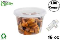 16 oz - 100 Count - Plastic Soup Containers with Cutlery for Meal Prep, Soup, Deli Containers, Lunch, Togo, Microwave Safe, Dishwasher Safe Containers, Heavy Duty Clear Plastic BPA Free (16 Ounce)