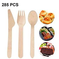 YCKZZR Disposable Wooden Cutlery Set 90x Forks 90x Knives 105x Spoons 100% Biodegradable Compostable Recyclable Tableware for Parties, Home Use, BBQ, Camping