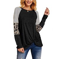 HebeTop Women Leopard Print Shirts Basic Tunics Round Neck Comfy Tops Long Sleeve Fashion Blouse Black