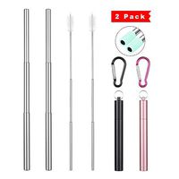 2 Pack Metal Straws Reusable Collapsible Drinking Straw Handy Telescopic Stainless Steel Eco-Friendly Drink Meatle Straws,Black/Pink
