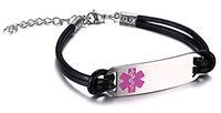 JF.JEWELRY Simple Leather Link Stainless Steel Medical Alert ID Bracelet for Women Adjustable,Pink