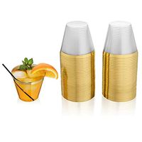 Gold Rimmed Clear Plastic Cups - 9 ounce - 64 Count - Hard Plastic - Disposable or Reusable - Old Fashioned Plastic Tumblers - Wine Cups - Cocktail Glasses - Drinking Cups - Gold Trim Wedding Tumblers