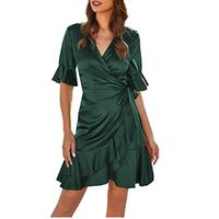 Eoeth Women Sexy V-Neck Silk Mermaid Dress Fashion Solid Ruffle Petal Sleeve Knee-Length Dress Strap Chiffon Beach Dress Army Green