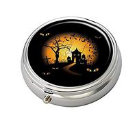 Cecillia Pumpkins Bats Tree Decorative Boxes Silver Round Pill Box Medicine Tablet Holder Wallet Organizer Case for Pocket or Purse