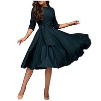 Aniywn Women's Elegant 3/4 Sleeve Cocktail Swing Party Dress Ruched Pleated Midi A-Line Dress Solid Color Green