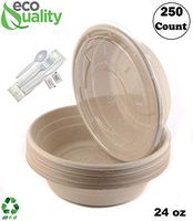 250 Count - 24oz Round Disposable Bowls with Lids and Cutlery - Natural Sugarcane Bagasse Bamboo Fibers Sturdy Compostable Eco Friendly Environmental Paper Plastic Bowl Alternative - Fork,Spoon,Knife