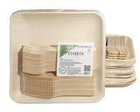 150 PCS Eco Friendly Disposable Dinnerware Set - 50 Palm Leaf Compostable 8" Plates w/Wooden Cutlery - 50 Forks, 50 Knives for Party