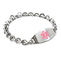 My Identity Doctor - Custom Engraved Medical ID Bracelet - 316L 8mm Steel Round Link - Pink - Wrist Size 6.5 Inch