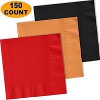 150 Lunch Napkins, Red, Autumn Orange, Midnight Black - 50 Each Color. 2 Ply Paper Dinner Napkins. 6.5" folded, 13.5" unfolded.