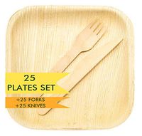 Holiday Party Dinnerware Eco Set of 75 Eco-Friendly Dinnerware - 25 Disposable 8" Square Palm Leaf Plates, 25 Wood Forks, 25 Wood Knives