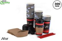 COMBO - 300 PACK - 16oz - Paper Coffee Hot Cups, Black Dome Lids, Sleeves & Stirrers - Disposable Coffee Cups, To Go Travel Mug, Office/Party Pack, Hot/Cold Coffee, Tea & Chocolate, Latte
