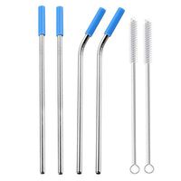 EnjoCho Stainless Steel Drinking Straws,Set of 4 Portable Reusable Long 8.5 inch Metal Drinking Straws with Cleaning Brushes (Blue)