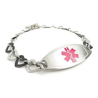 My Identity Doctor - Custom Medical Alert Bracelet with Engraving for Women - 1cm Steel Black Hearts - Pink - Wrist Size 5.25 Inch