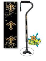 Walking Cane Quad Footed Foam Handle Offset Aluminum Adjustable Gold Cross Religious Design Men or Women