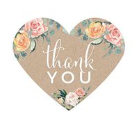 Andaz Press Peach Coral Kraft Brown Rustic Floral Garden Party Wedding Collection, Heart Label Stickers, Thank You, 75-Pack
