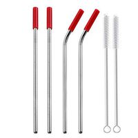 Set of 4 Stainless Steel Drinking Straws with Silicone Tips Reusable Mental Straws with 2 Cleaning Brushes (2 x Straight Straws + 2 x Curved Straws) (red)