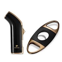 Cigar Cutter and Lighter Set Double Jet Flame Butane Torch and Hold up to 50/64 Ring Cigars(Color:Gold)