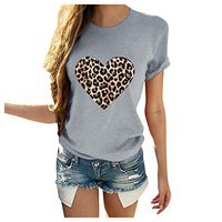 SADUORHAPPY Womens Girls Short Sleeve O Neck Leopard Print Heart-Shaped Top Love Printed Shirt for Couples Gray