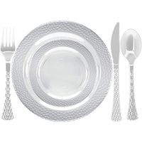 Tiger Chef Heavy Duty Clear Hammered Rim Disposable Party Supplies Set Service For 50 Guests Includes 50 10.25" Dinner Plates 50 7.5" Plates 50 Cutlery Sets Forks Spoons Knives BPA-Free 250-Pack