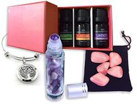 Essential Oils Gift Pack: Lavender, Ylang Ylang,Eucalyptus|LOVE,PEACE,BREATHE - Tree of Life infusion bracelet - ROSE QUARTZ CRYSTALS - Infusion ROLLER BOTTLE with AMETHYST crystals