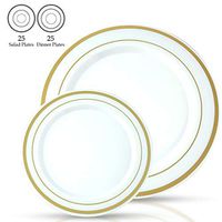 Signature Tableware Premium Disposable Plates - 50 Pack(25 Guests) - 25 x 10.25" Dinner and 25 x 7.5" Salad Plastic Dinner Plates Combo - Plastic Plates for Parties (White with Gold Rim)