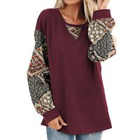Sunhusing Women's Casual Round Neck Ethnic Style Small Floral Print Long Sleeve Lantern Sleeve Pullover Top(Wine,M)