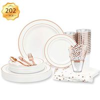 ENUOSUMA Rose Gold Dinnerware Set for 25 Guests [202pcs] Rose Gold Plastic Plates for Party | Disposable Wedding Rose Gold Rim Tableware:Dinner and Dessert Plates,Napkins, Cutlery set,Plastic Cups,Pac