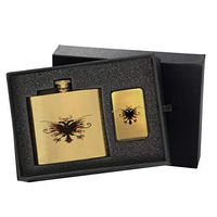 Albanian Flag Art - Gold Lighter and Pocket Hip Liquor Flask Survival Camping Gift Box Set