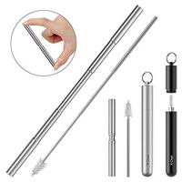 X-Chef Telescopic Metal Straw Set of 2, Reusable, Portable and Collapsible Stainless Steel Straws, from 3.9 to 8.6 inch, with Keychain Case and Retractable Cleaning Brush for Travel, Black & Silver