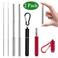 Senneny 2 Pack Telescopic Reusable Straws Stainless Steel Metal Drinking Straw Portable Collapsible Straw with Travel Case Cleaning Brush Keychain (Black & Red)