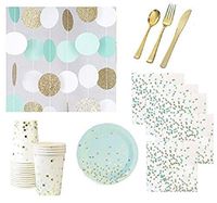 Mint Green Gold Party Supplies baby Boy Bridal Shower Elegant Foil Stamp Dessert paper Plates Napkins, Cups, Gold Silverware & Glittery String Decorations