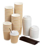 Disposable Kraft Paper Insulated Coffee Cups with Lids and Stirring Straws (8 oz, 50 Pack)
