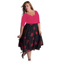 iLUGU Plus Size Boho Swing Dresses for Women Deep V Neck Evening Party Cocktail Midi Dress Hot Pink