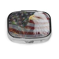 Pill Box Fireworks Bald Eagle American Flag Square Pill Case Daily Metal Silver Medicine Tablet Holder Organizer Storage Cases for Purse Pocket Travel Vitamin,Small 2.2 inch,2 Compartment